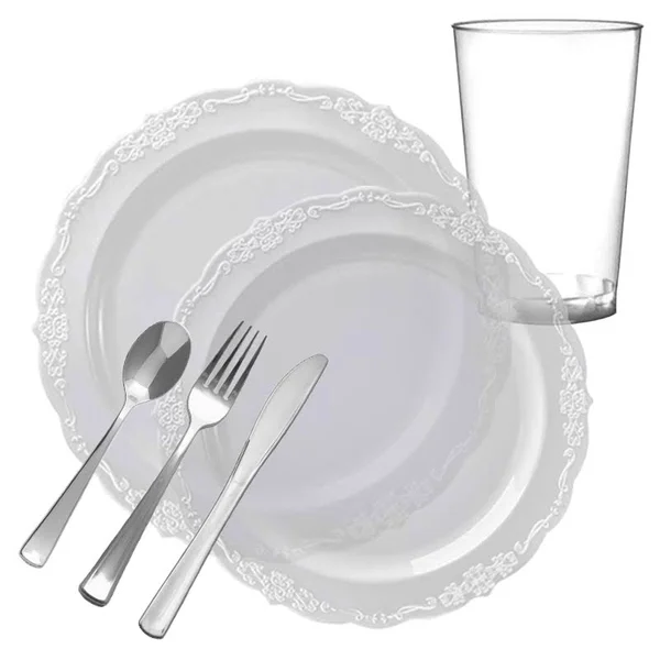 20 Settings, Clear Vintage Round Disposable Plastic Wedding Value Set