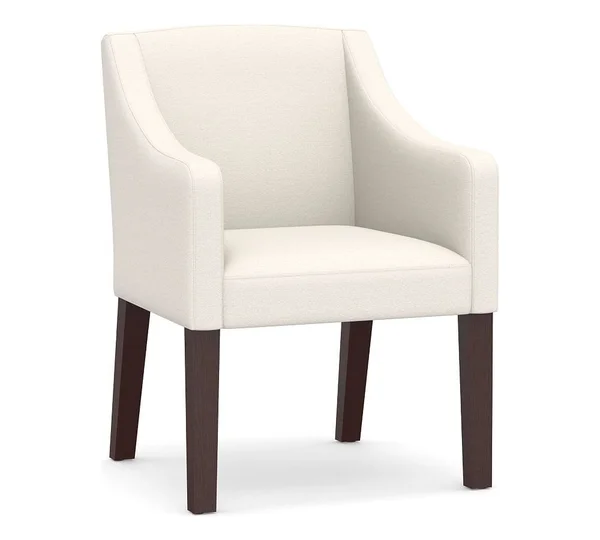 PB Classic Upholstered Slope Armchair with Espresso Legs, Performance Chateau Basketweave Ivory - Furniture - Dining Chairs u002