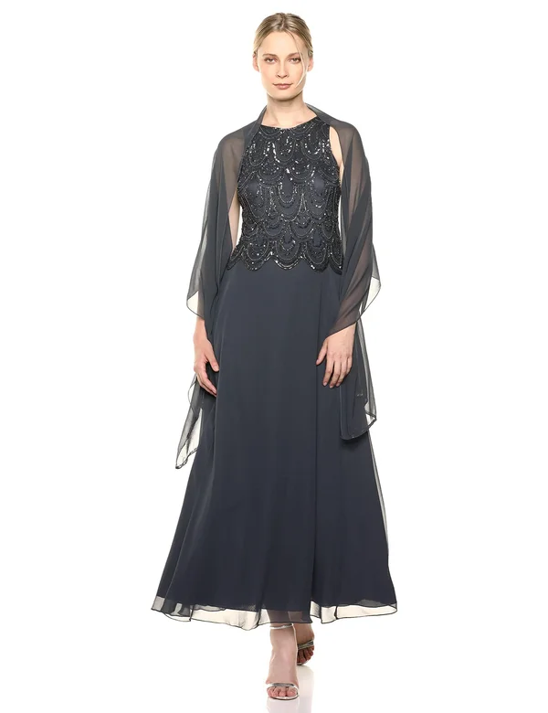 J Kara Embellished A-Line Gown and Scarf - Gray Metallic
