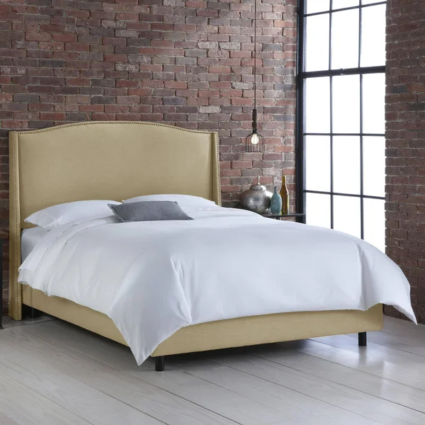 Skyline Furniture Nail Button Wingback Upholstered Bed, Full, Sandstone Linen, Brass