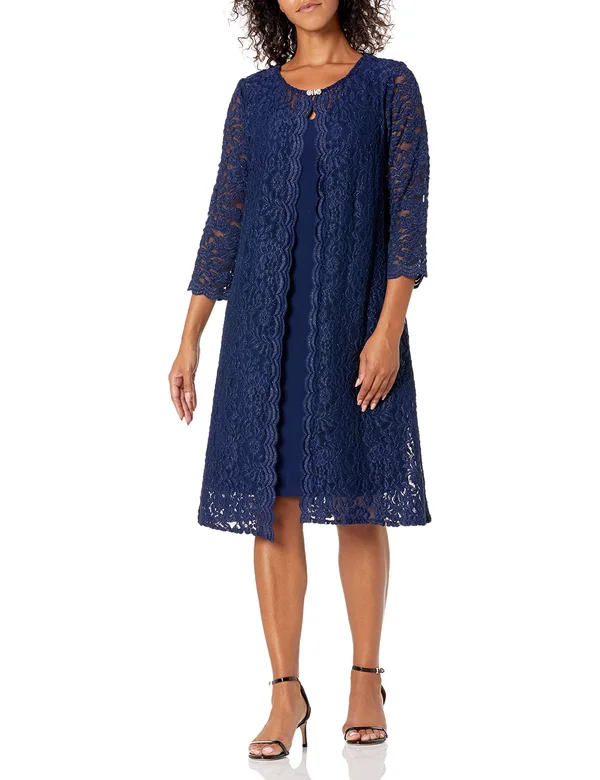 Alex Evenings Women's Plus Size Lace Mock Jacket Cocktail Dress (16W, Navy)