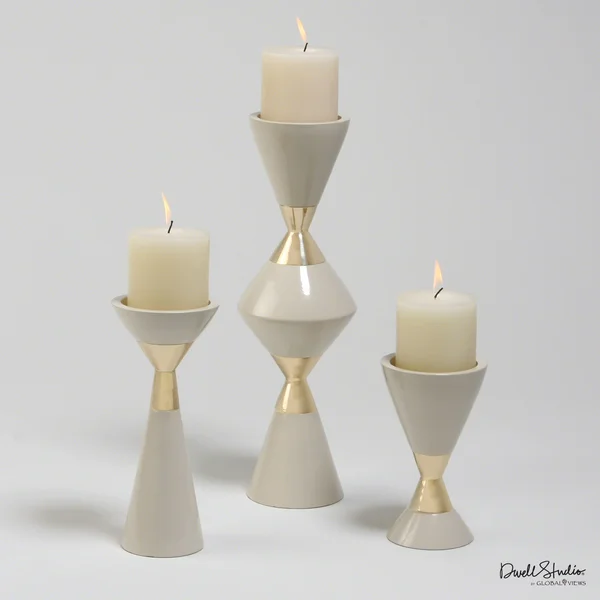 Global Views Hourglass Pillar Candle Holder Cream/Gold Set of 3