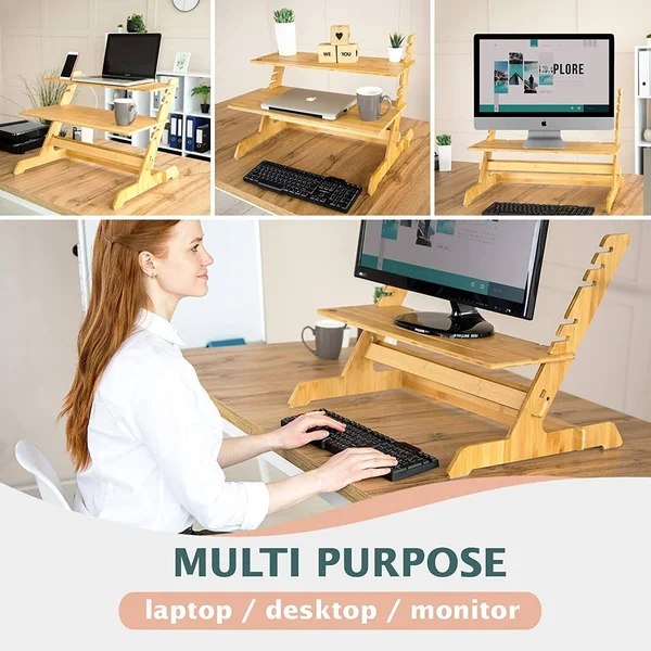 Crew & Axel Standing Desk Converter 100% Natural Bamboo Adjustable Sit Stand Riser Workstation for Desktop or Laptop - Dual M