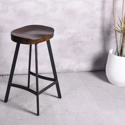 Set of 2 Industrial Rustic Bar Stool Saddle Seat Counter Height Farmhouse Stool-Metal and Wood Top Dining Stools, Backless, Stacka