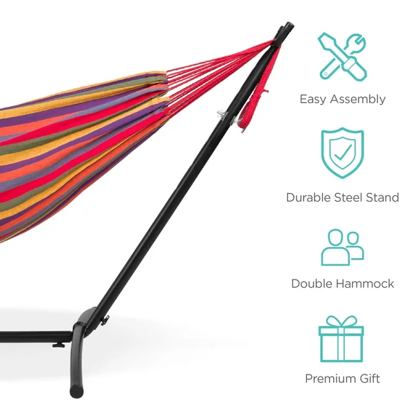 Best Choice Products 2-Person Brazilian-Style Cotton Double Hammock Bed w/ Carrying Bag - Steel Stand, Rainbow