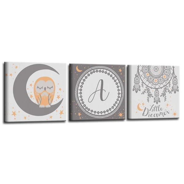 Little Dreamer 3-Pc Canvas Monogram Nursery Wall Art Set - M