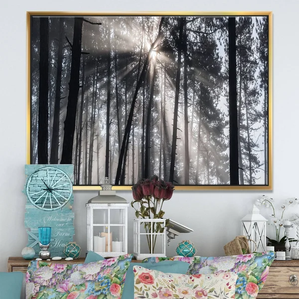 Designart Sunbeams Through Black White Forest- Forest Framed Canvas Wall Art Print in Gold, FL9987-46-36-GD
