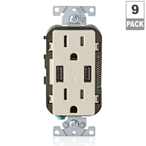 Leviton 15 Amp Decora Combination Tamper Resistant Duplex Outlet and USB Charger - Light Almond (9-Pack)