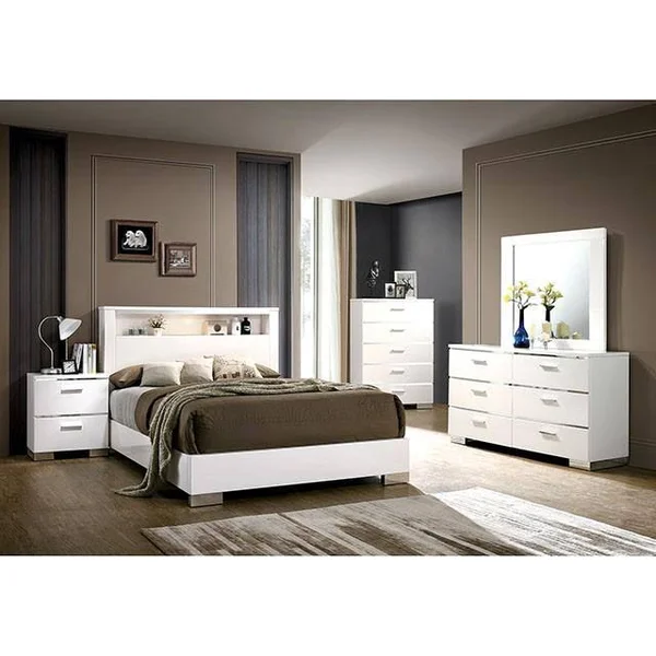 Furniture of America 4pc Queen Size Platform Bed Headboard Shelves Bedroom Furniture Set White Finish