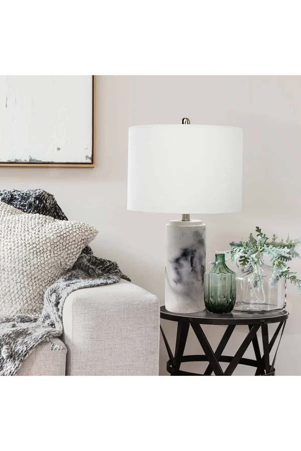 Lalia Home Marbleized Table Lamp with White Fabric Shade, White