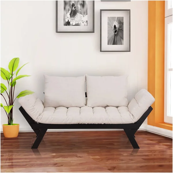 HomCom Black, Cream White Single Person 3-Position Convertible Couch Chaise Lounger Sofa Bed