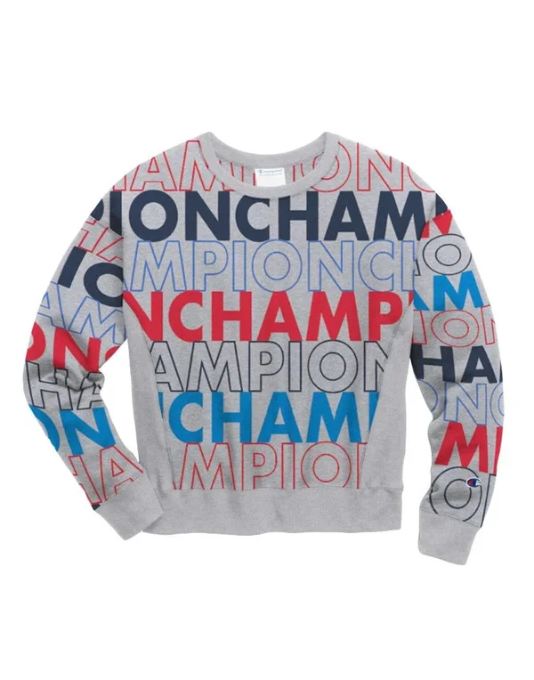 Champion Life Women's REVERSE Weave Crew - All-Over Logo Big Block Text Mix Oxford Grey 2XL