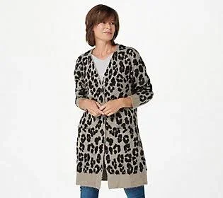 Logo by Lori Goldstein Leopard Jacquard Cardigan - Size 3X, Light Mocha