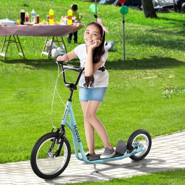 Aosom Teens Youth Scooter Ride on Toy with Adjustable Handlebar - Dual Brakes, and Inflatable Wheels for Kids 5+ - Blue