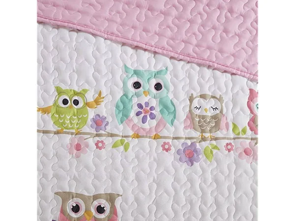 Comfort Spaces - Howdy Hoots Kids Bedspread Mini Quilt Set - 3 Piece - Pink White - Teens/Girls - Owl Print - Queen size - Includ