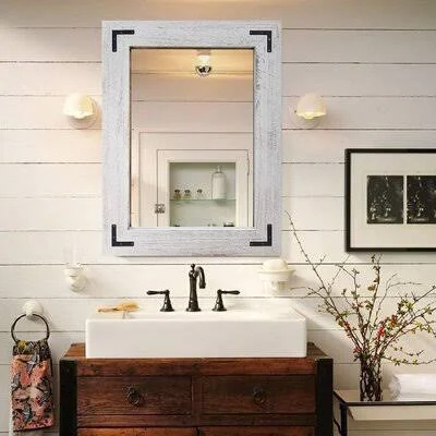 Rustic Wooden Framed Wall Mirror - Natural Wood Bathroom Vanity Mirror for Farmhouse Decor, Vertical or Horizontal Hanging, 32x22