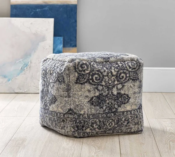 Scroll Printed Pouf, 17x17x18