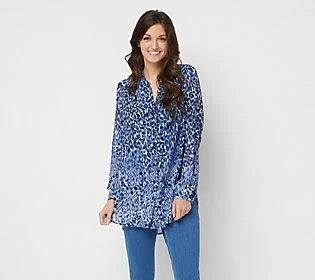 Belle by Kim Gravel Animal Print Button FrontBlouse - Size XX-Small, Blue