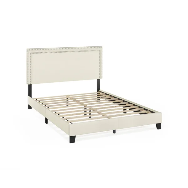 Furinno Laval Double Row Nail Head 12pc Slat Style Bed Frame, Queen, Linen