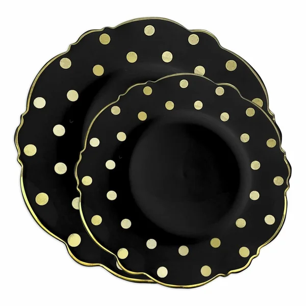 120 Dinner Plates + 120 Salad Plates - Black with Gold Dots Round Blossom Disposable Plastic Dinnerware Value Set