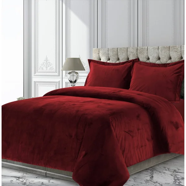 Tribeca Living VENICEDUVETQUBU Venice Velvet Oversized Solid Duvet Set - Queen, Burgundy