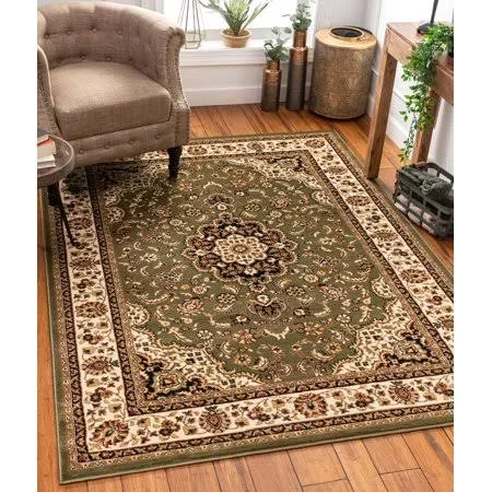 Noble Medallion Red Green Ivory Light Blue Black Persian Floral Oriental Formal Traditional Area Rug Shed Free Modern Contempora