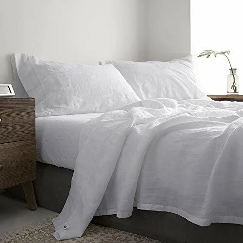 Simpleu0026Opulence 100% Linen Sheet Set Queen Embroidery White (Embroidery White - Queen)