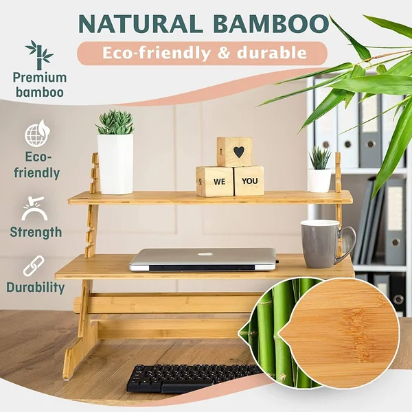 Crew & Axel Standing Desk Converter 100% Natural Bamboo Adjustable Sit Stand Riser Workstation for Desktop or Laptop - Dual M