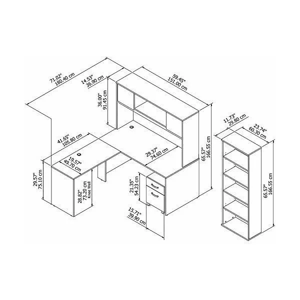Bush Furniture Commerce 60W L Shaped Desk with Mobile File Cabinet and Bookcase in Autumn Cherry