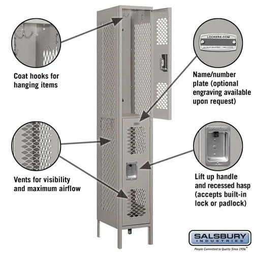 Salsbury Industries Extra Wide Vented Metal Locker - Double Tier - 1 Wide - 6 Feet High - 15 Inches Deep - Blue - Assembled