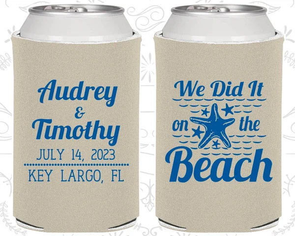 We Did It on The Beach - Beach Wedding Gift, Tropical Wedding Gift, Starfish Wedding Gift, Starfish Favors, Custom Coolies (412)