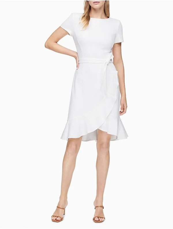 Calvin Klein Women's Ruffle Hem Belted Dress, Cream, 14