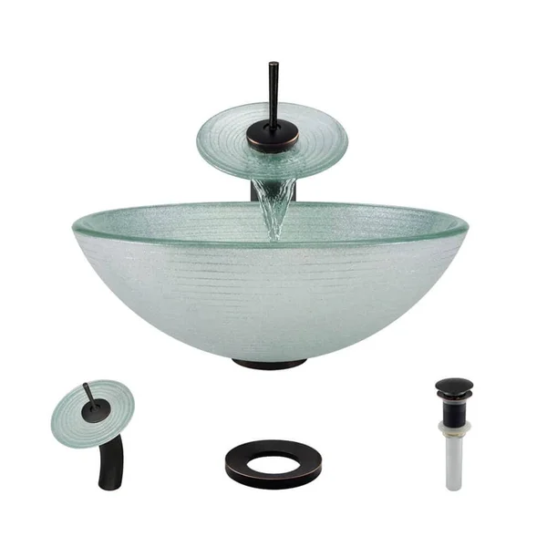 Rene R5-5034-WF-ABR Foil Undertone Glass Vessel Sink with Antique Bronze Waterfall Faucet, Sink Ring, and Vessel Pop-Up Drain