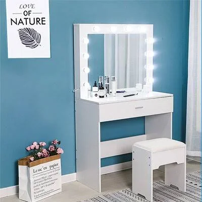 Dressing Makeup Table Stool Mirror Vanity Set Drawers Storage w/ 12 LED Light New Latitude Run