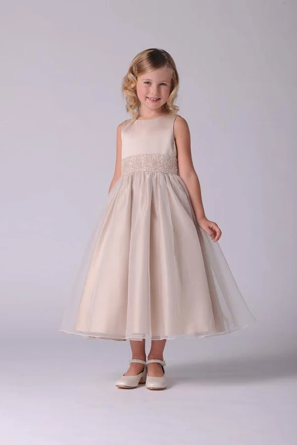 US Angels White Flower Girl Beaded Sash Organza Dress- Girls 4-6X