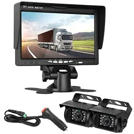 HD 720p Dual Backup Cameras and 7 inch Monitor System Kit for Bus/Trucks/Trailer/RVs/Campers Night Vision IP68 Waterpoof with On