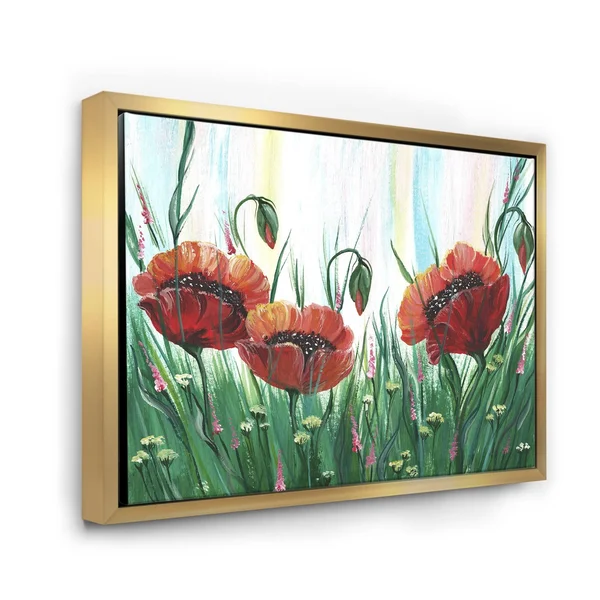 Designart 'Red Bright Poppy Flowers on A Green Meadow' Traditional Framed Canvas Wall Art Print - 40 in. Wide x 30 in. High - Go