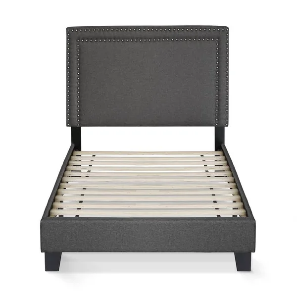 Furinno Laval Double Row Nail Head Bed Frame, 12pc Slat Style, Stone, Twin