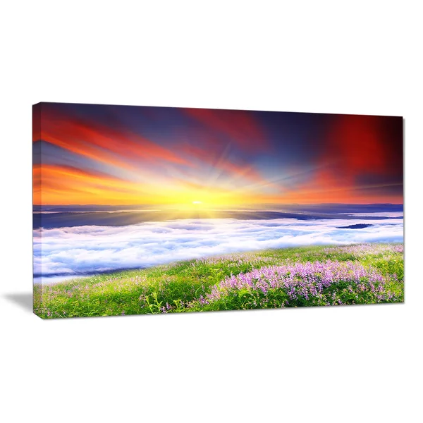 Design Art Sunrise with Blooming Flowers - Landscape Art Canvas Print - Red - 40 in. Wide x 20 in. High