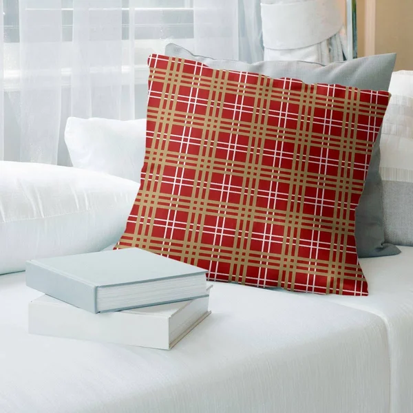 San Francisco Football Luxury Plaid Accent Pillow-Cotton Twill - 14 x 14 - Red/White/Gold