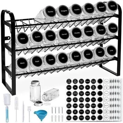 Prep & Savour Spice Rack with 24 Empty Spice Jars, Standing or Wall Mounted Spice Rack Organizer for Countertop Cabinet Kitc