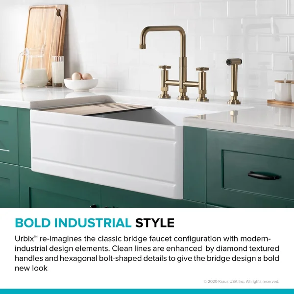 Kraus KPF-3125BG Urbix Industrial Bridge Kitchen Faucet with Side Sprayer Brushed Gold