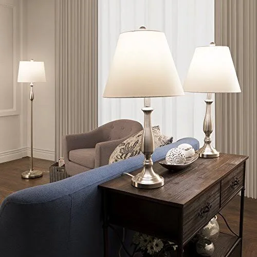Table Lamps and Floor Lamp Set of 3 (3 LED Bulbs Included) by Lavish Home Traditional Brushed Steel