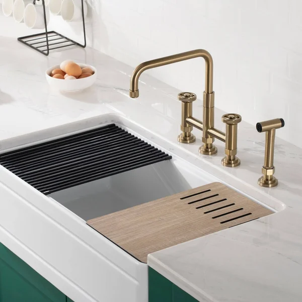 Kraus KPF-3125BG Urbix Industrial Bridge Kitchen Faucet with Side Sprayer Brushed Gold