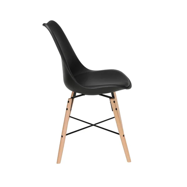 Ofm Mid Century Modern 4 Plastic Molded Dining Chairs, Vinyl CUSHION, Wood Legs, Black