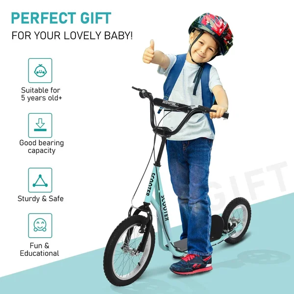 Aosom Teens Youth Scooter Ride on Toy with Adjustable Handlebar - Dual Brakes, and Inflatable Wheels for Kids 5+ (Blue)