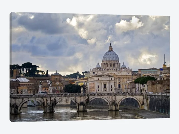 Panoramic Images Large Canvas Art Prints - Arch Bridge Across Tiber River with St. Peter's Basilica in The Background, Rome, Laz
