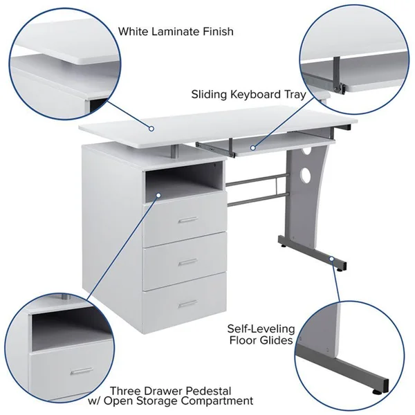 Flash Furniture White Desk with Three Drawer Pedestal and Pull-Out Keyboard Tray, White/SIlver