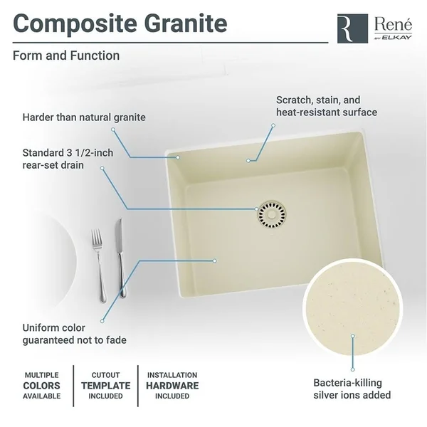 Rene R3-1004-ECR-ST-CGF Ecru Single Bowl Composite Granite Kitchen Sink with Grid and Matching Colored Flange