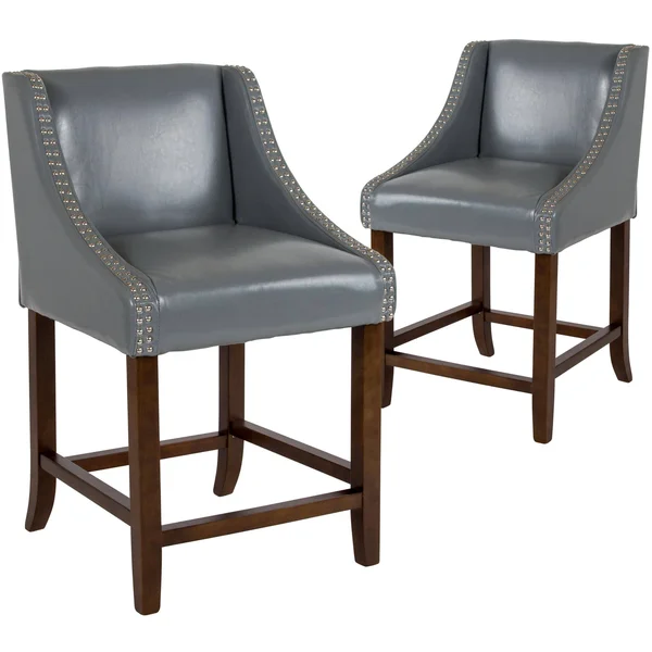 Flash Furniture 2 Pk. Carmel Series 24x22 High Transitional Walnut Counter Height Stool with Accent Nail TRIM - Light Gray Fabric